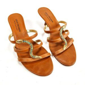 Premier Tan Leather Snake-Accent Slide Sandals